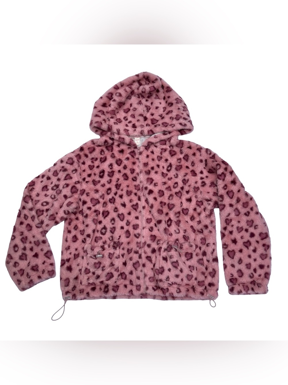 Pink Leopard Faux Fur Zip Up Hoodie Girls Large Hearts Pockets Plush ROMWE